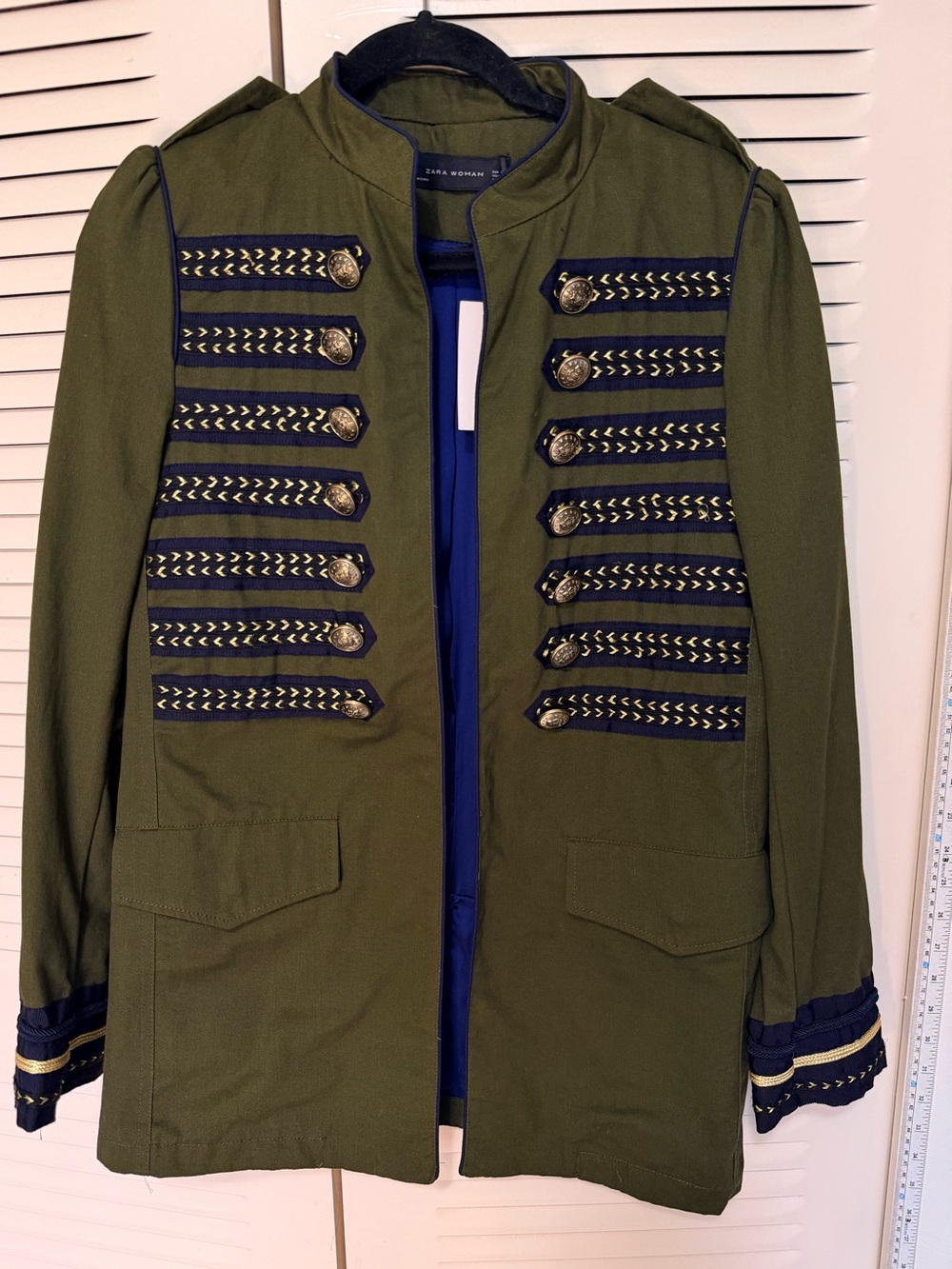 Zara Olive Green Military-Style Jacket with Navy & Gold Trim
